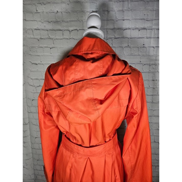 Michael Kors Women's Orange Hooded Rain‎ Coat Belted Gold Buttons Small - Picture 10 of 13